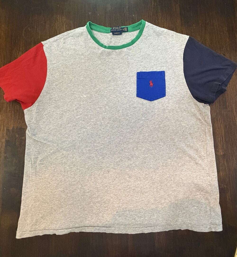 X1-Mens Polo Ralph Lauren Colorblock Pocket T Shirt Gray Red Blue sz XL
